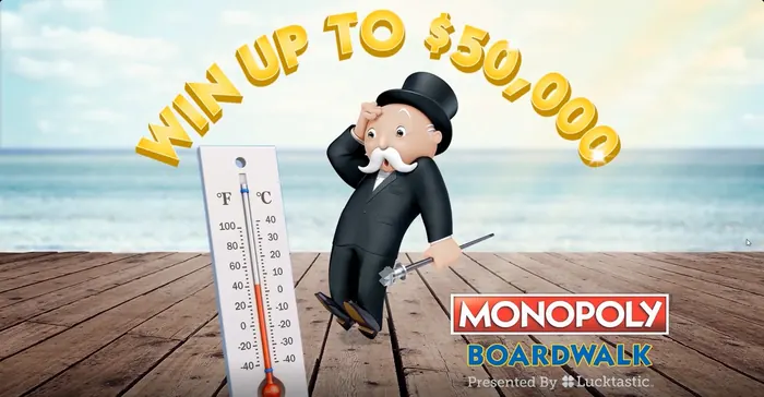Boardwalk-themed promo art with mascot and win banner on a pier