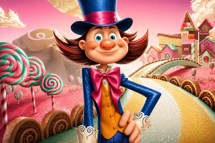 Candy-land key art with a top-hatted confectioner posing on a sugar-dusted road