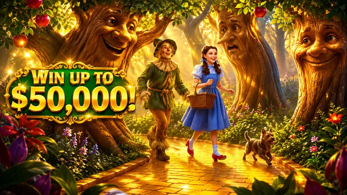 Storybook slots promo art with talking trees along a yellow brick road