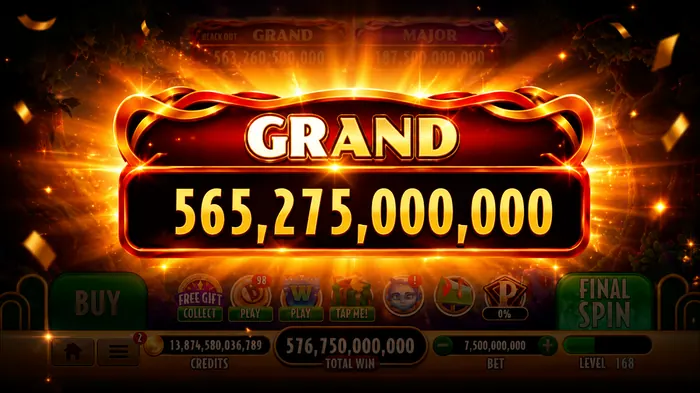 Grand jackpot win screen with golden burst and coin shower