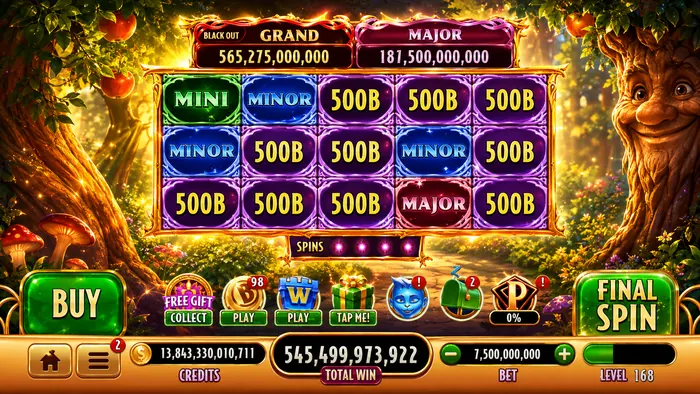 Slot game screen with jackpot tiers framed by an enchanted orchard