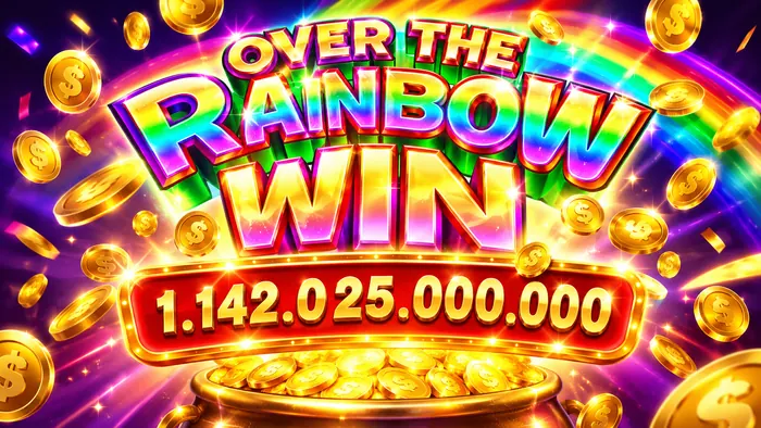 Rainbow jackpot celebration art with gold coins and a glowing pot