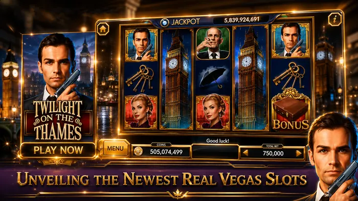 Noir-styled Vegas slots promo with Big Ben backdrop and jackpot reels