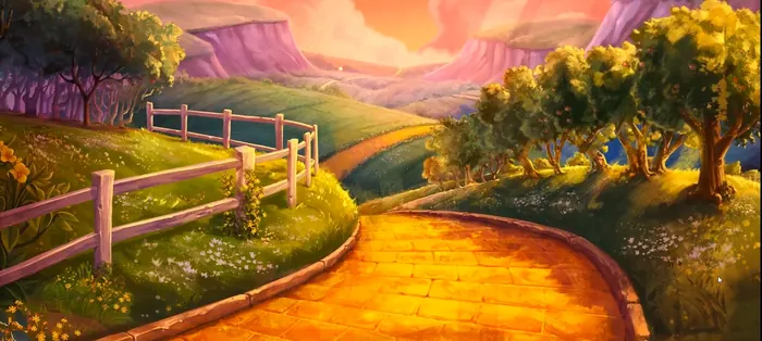 Painted key art of a yellow brick road winding through orchard hills