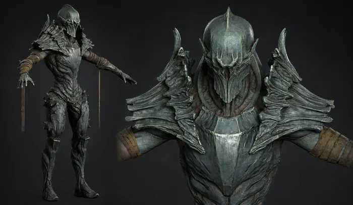 Armored abyssal knight with finned pauldrons and scaled plate, turnaround and helmet detail