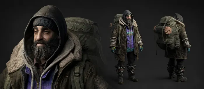 Bearded nomad in a knit cap and layered parka, portrait and full-body turnaround with backpack