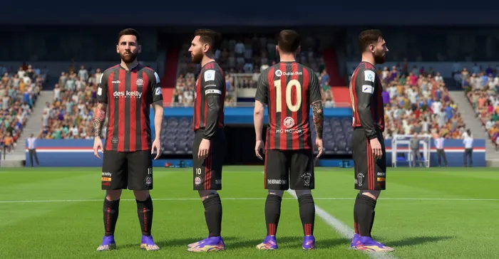 Footballer in-game model shown in alternate club kits, front and back views