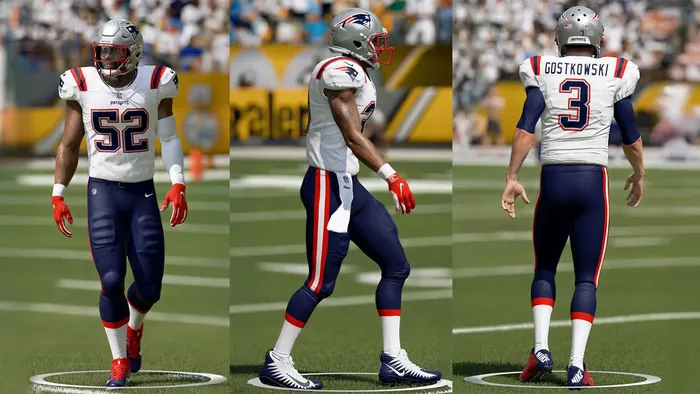 In-game American football player renders in team uniforms, three angles