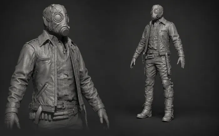 Gas-masked outlaw sculpt in a scarred leather jacket with ammo belts, close-up and full body
