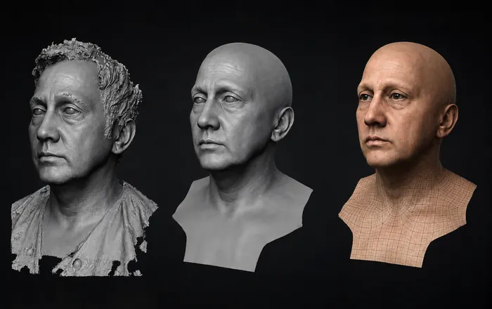 Digital human pipeline: raw 3D scan, cleaned sculpt and final retopologized textured head