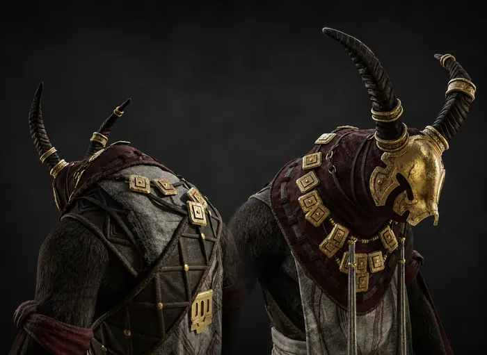 Horned shaman character with a gilded helmet and layered fur robes, three-view turnaround