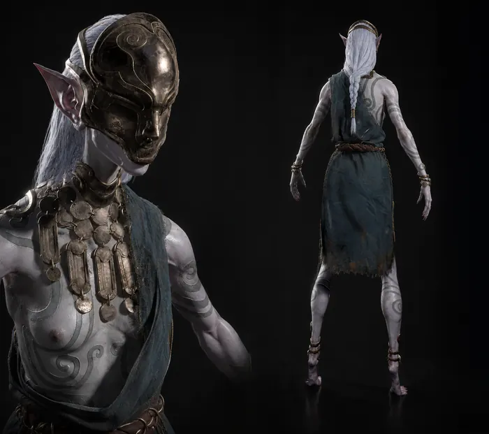 Pale elven figure with an engraved metal mask and coin jewelry, front and back views