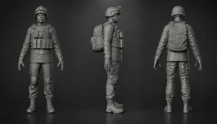 Modern infantry soldier sculpt with helmet, plate carrier and field pack, three-view turnaround