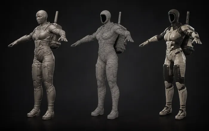 Character production breakdown from sculpt to topology to texturing on a sci-fi suit