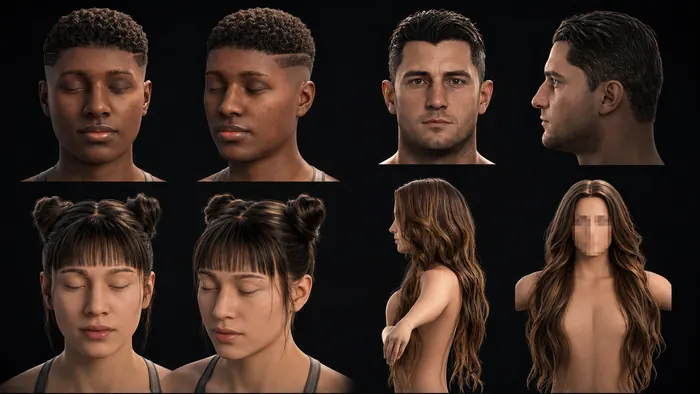 Realistic head and hair studies: two male portraits and a female model with two hairstyles