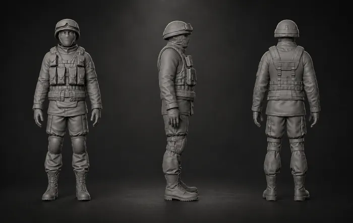 Special forces character sculpt with goggles and balaclava, three-view turnaround