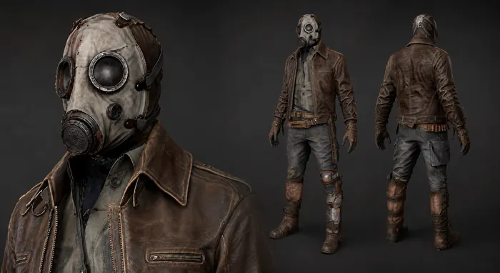 Post-apocalyptic survivor in a leather jacket and riveted gas mask, turnaround and close-up