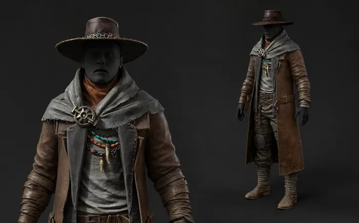 Weathered gunslinger character sculpt in a leather duster and wide-brim hat, full body and bust close-up