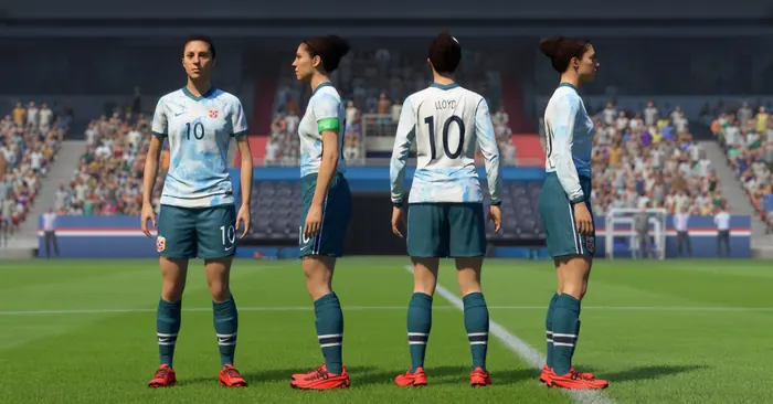 Women's national-team football kits on in-game player models, front and back views