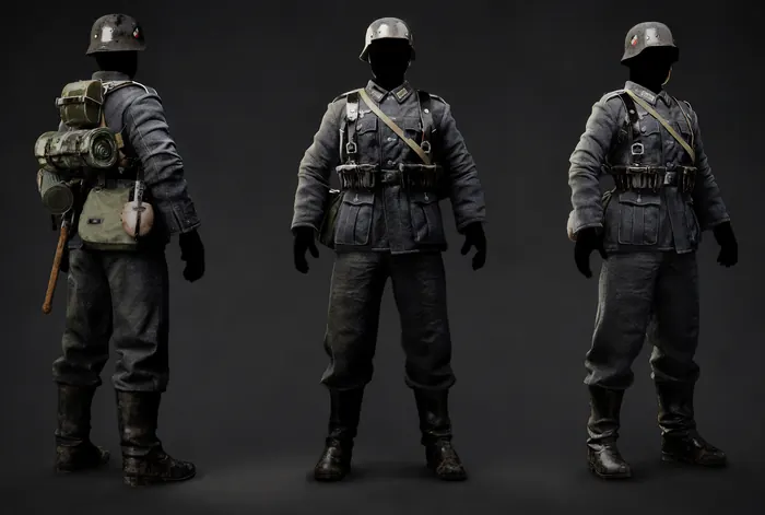 WWII infantry soldier sculpt with helmet and field pack, grayscale turnaround