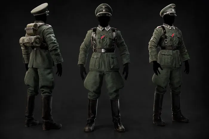 WWII officer uniform study with peaked cap and field gear, three-view turnaround