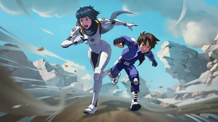Stylized illustration of two young explorers sprinting from a rockslide
