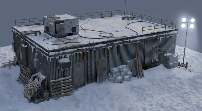 Snow-covered arctic outpost building concept with floodlight rig