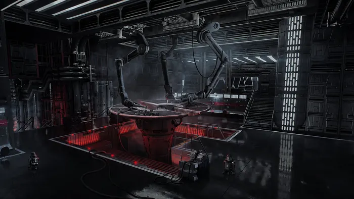 Dark sci-fi assembly chamber with robotic arms working over a red-lit forge pit