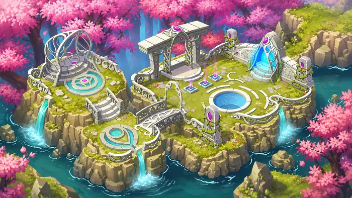Isometric fantasy island map with cherry blossoms, shrines and waterfalls