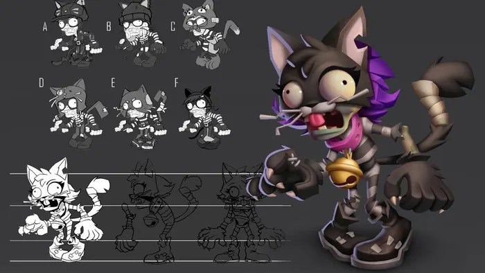 Cartoon cat character exploration from sketches to final 3D model