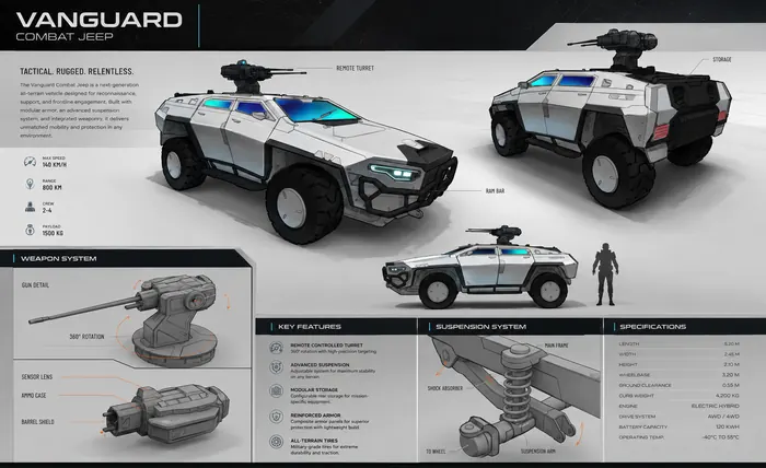 Combat jeep vehicle design sheet with turret, suspension and key feature callouts
