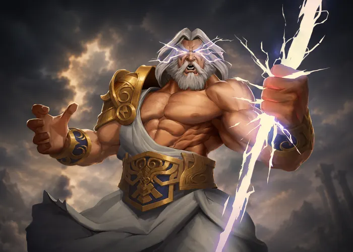 Painted concept of a storm god hurling a lightning bolt