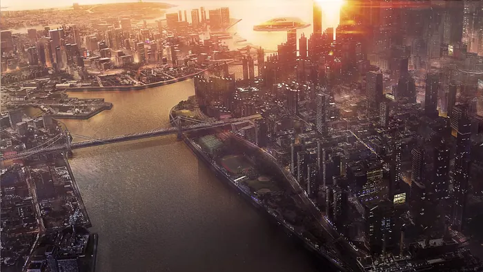 Aerial concept painting of a dark futuristic metropolis at sunset
