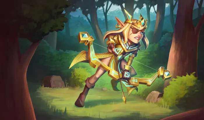 Stylized elf archer drawing a jeweled golden bow in a forest clearing