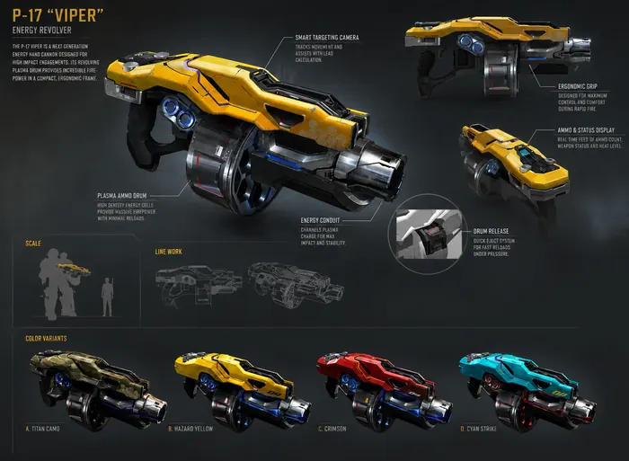 Energy revolver weapon design sheet with color variants and material details