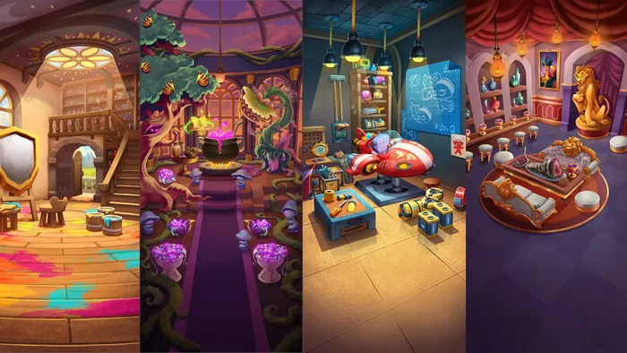 Colorful fantasy shop and library interior concept panels