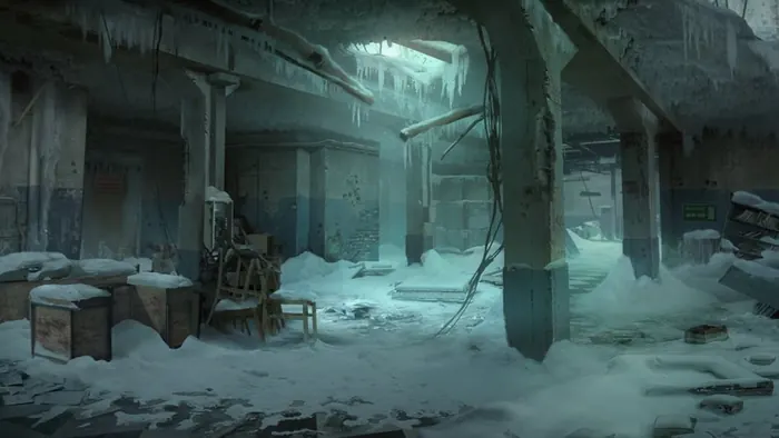 Environment concept of a frozen, ruined warehouse interior lit by cold daylight