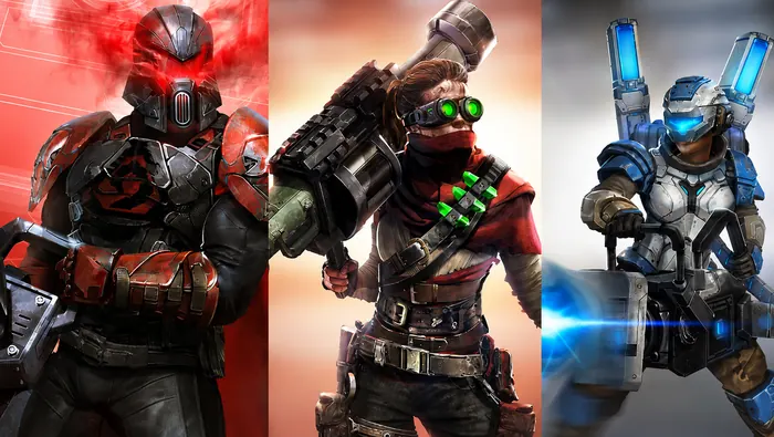 Splash art of three armored hero classes: assault, demolitions and support