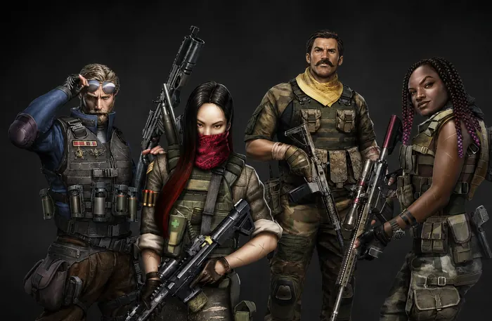 Painted lineup of four mercenaries posing with rifles and tactical gear