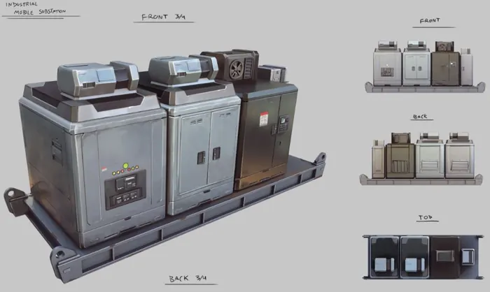 Industrial mobile substation prop design sheet with front, back and top views