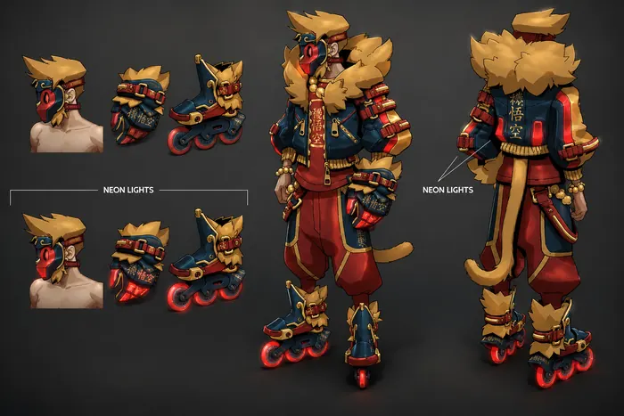 Street-legend monkey king character design sheet with turnaround, details and color palette