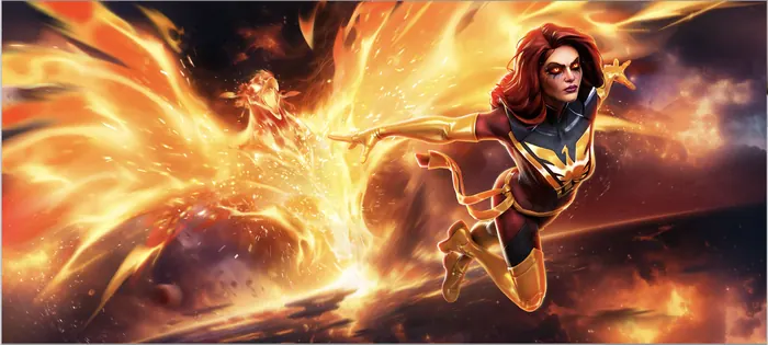Key art concept of a heroine trailing a blazing phoenix across a battlefield sky