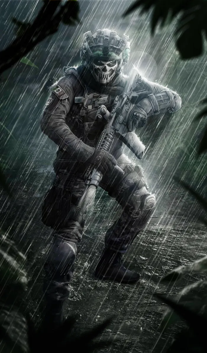 Skull-masked operator advancing through a jungle downpour, vertical key art