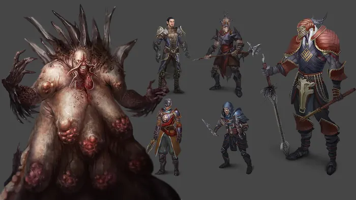 Grotesque flesh horror beside an RPG character lineup exploration sheet