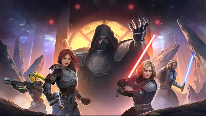 Key art concept of armored hunters facing a masked dark warrior with energy blades