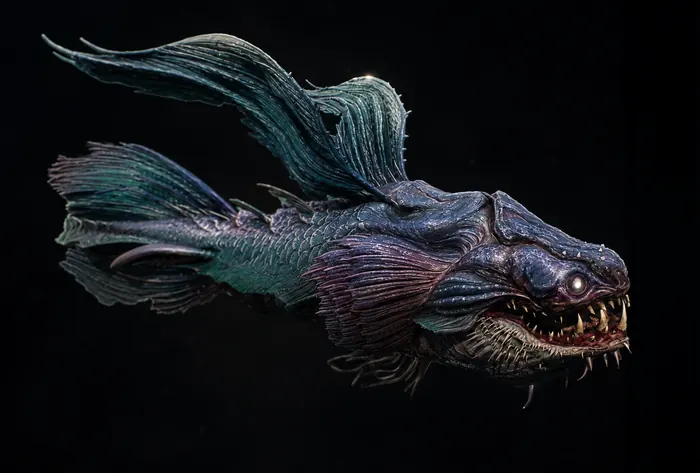 Deep-sea fish creature with sail fins, mottled blue skin and translucent teeth