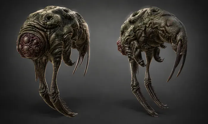 Bulbous parasite creature with sickle claws, paired studio renders