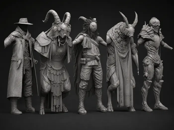 Grayscale sculpt lineup of five stylized character and creature designs