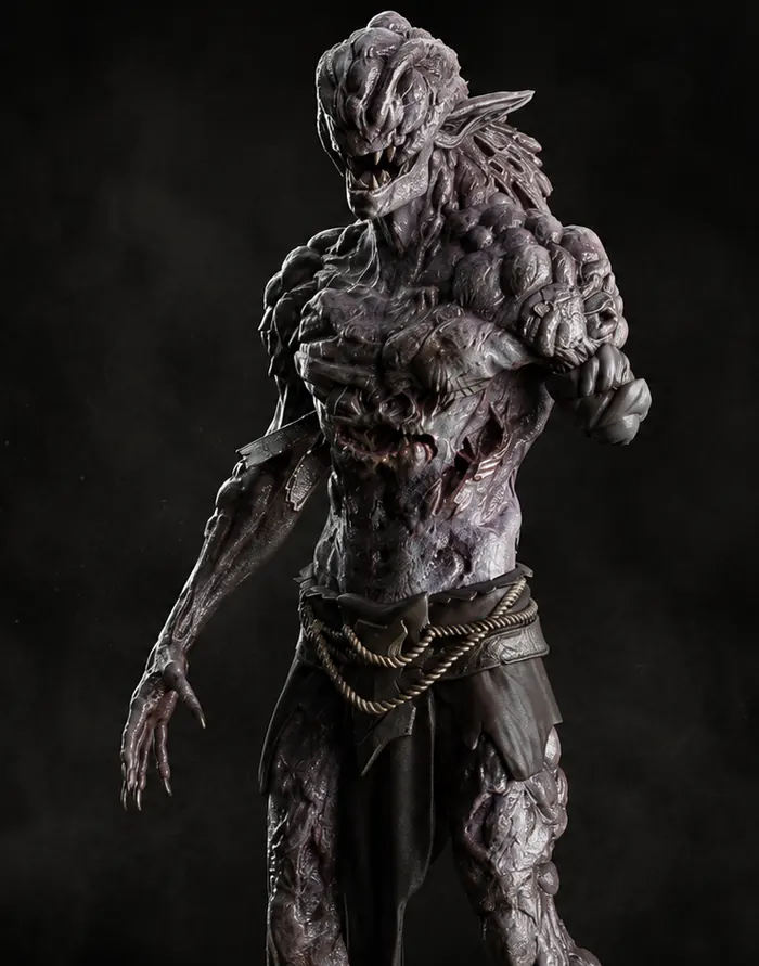 Flayed humanoid husk with exposed sinew, three-quarter render