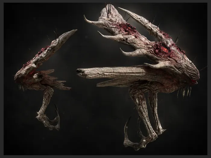 Elongated flesh stalker with bone-blade forelimbs, two poses